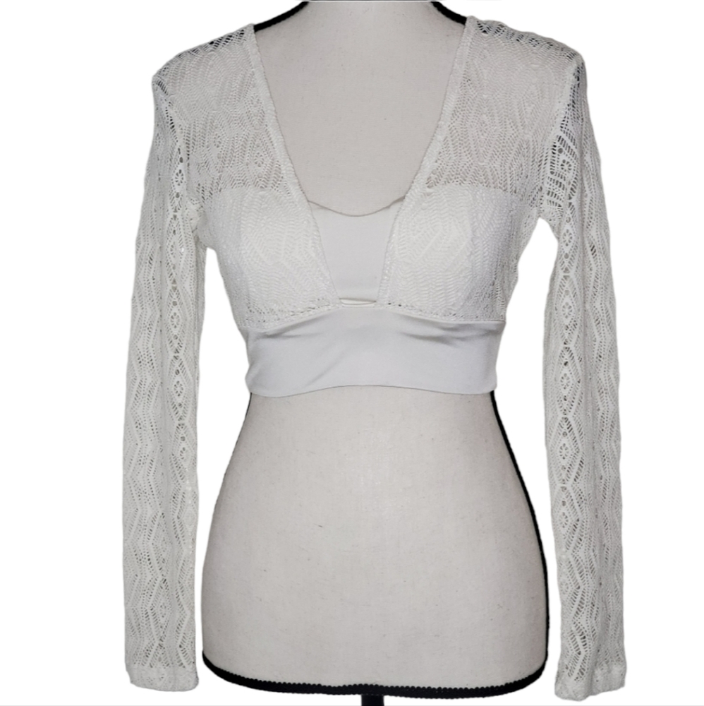 MONACO white mesh long sleeve crop top